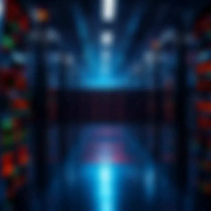 A modern data center filled with Bitcoin mining rigs, illustrating the transition from AI processing to cryptocurrency mining.