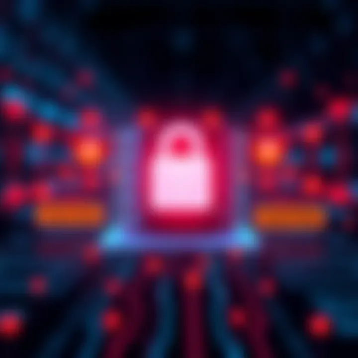 A visual representation of database protection showing a lock symbol over a database, with caution signs indicating vulnerabilities like prompt injections and query issues, symbolizing the need for en...