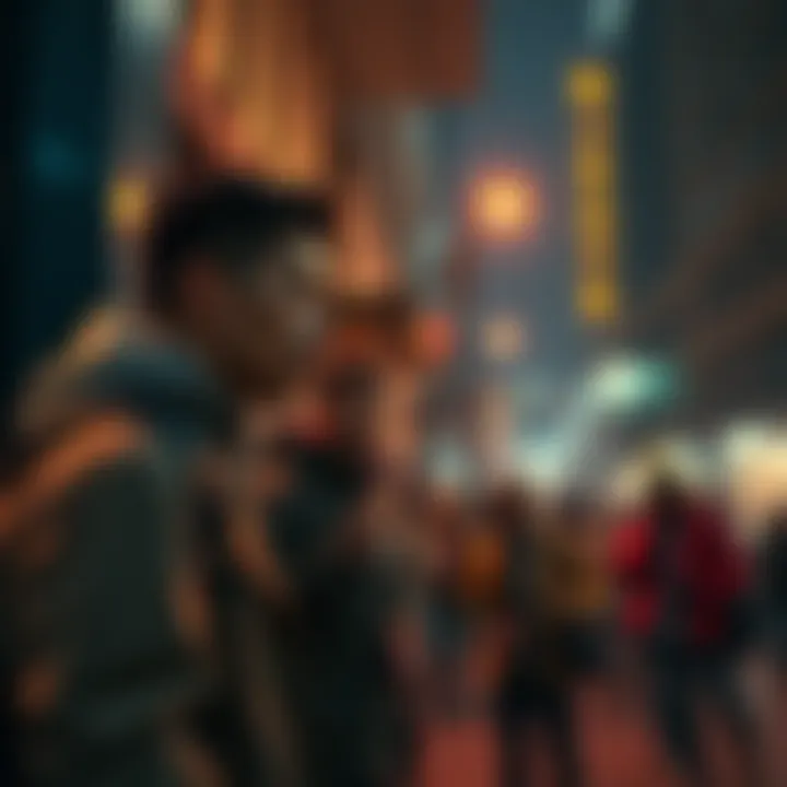 A person talking with David X Crypto on the street, surrounded by curious onlookers