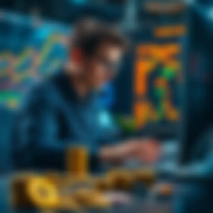 A trader looking at charts and coins on a computer screen, searching for investment opportunities in lesser-known currencies.