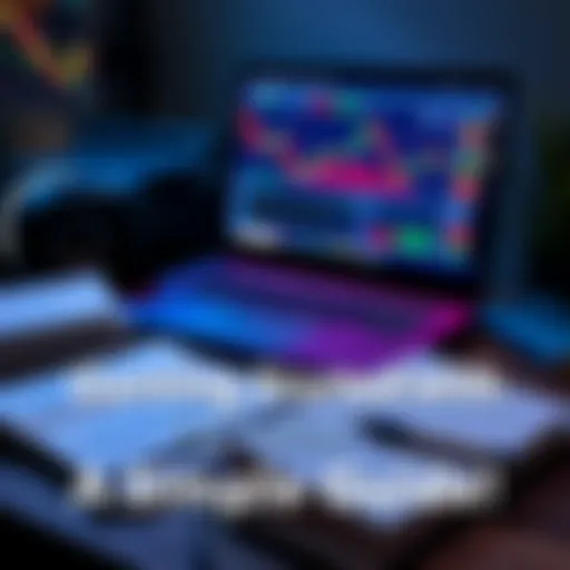 Day trading computer setup A laptop with trading software open, displaying stock charts and market data, surrounded by financial books and a notebook for notes.