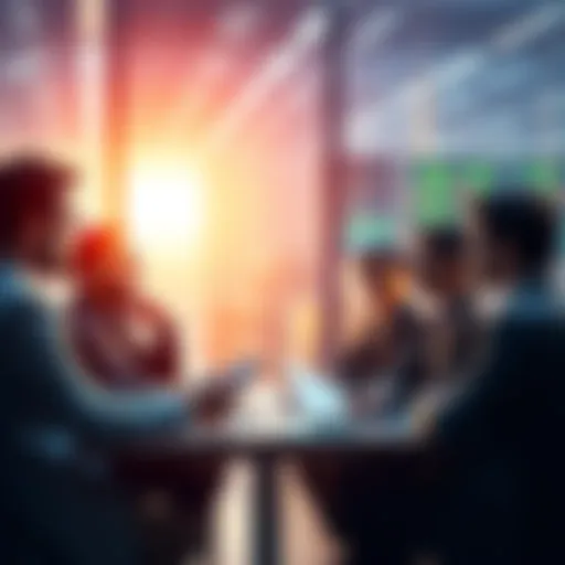 A group of traders debating Dollar-Cost Averaging strategies in a bright setting, expressing differing opinions on crypto trading methods.