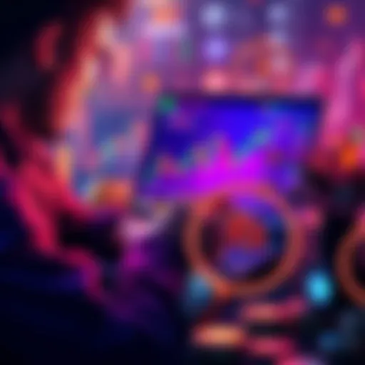 A person analyzing cryptocurrency prices on a laptop while coins are displayed around them, representing dollar-cost averaging.