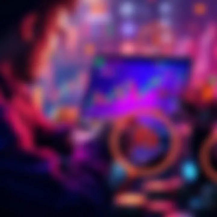 DCAing in Crypto A person analyzing cryptocurrency prices on a laptop while coins are displayed around them, representing dollar-cost averaging.