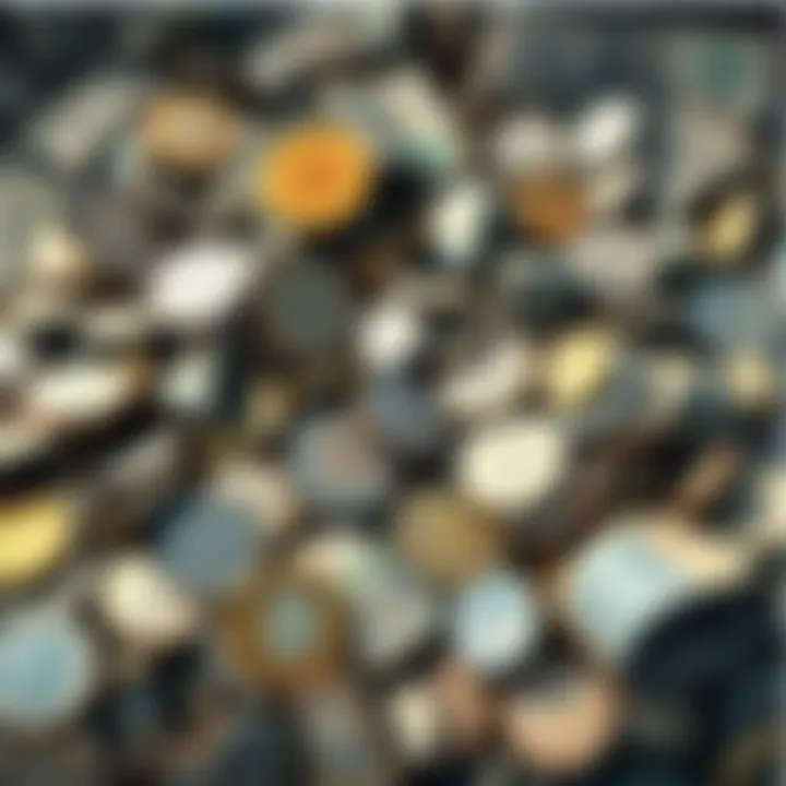A visual representation showing various discarded currencies from different eras, including fiat notes and coins, symbolizing their obsolescence over time.