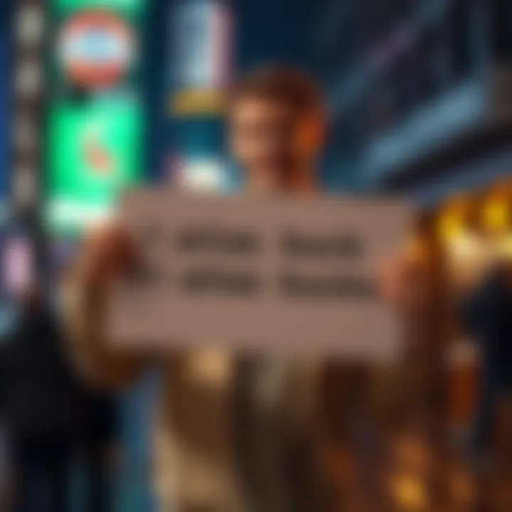 Person holding a sign debating the use of '1 atlas buck' versus '1 atlas bucks' in marketing ads