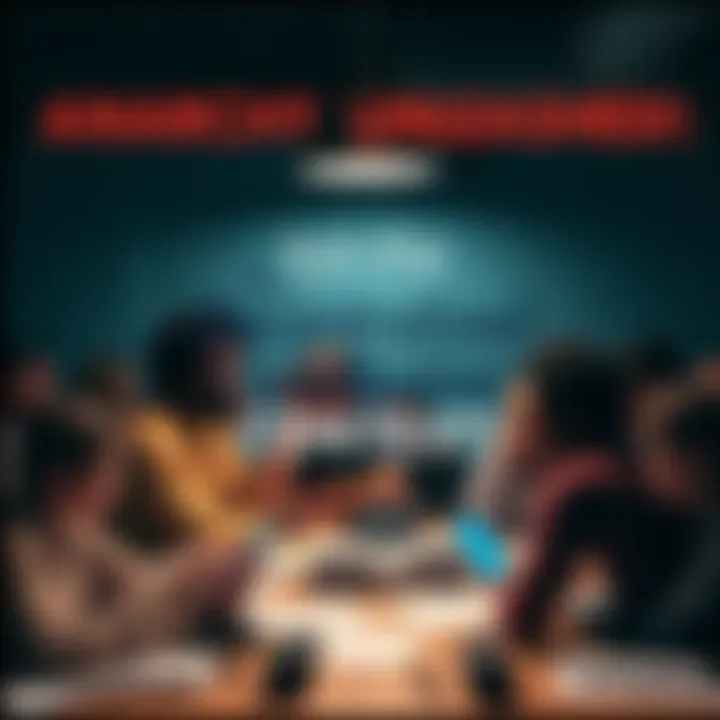 A group of diverse people brainstorming ideas for a decentralized constitution, surrounded by papers and digital devices.