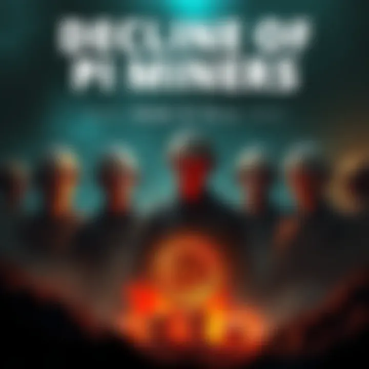 Six individuals representing the decline in Pi mining, with a background showing the contrast of 78 initial miners and a gloomy atmosphere symbolizing skepticism.
