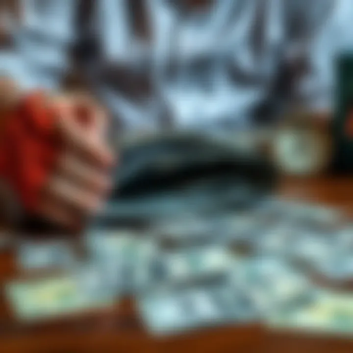 A person holds an empty wallet with dollar bills scattered on a table, reflecting the scarcity of fiat currency.