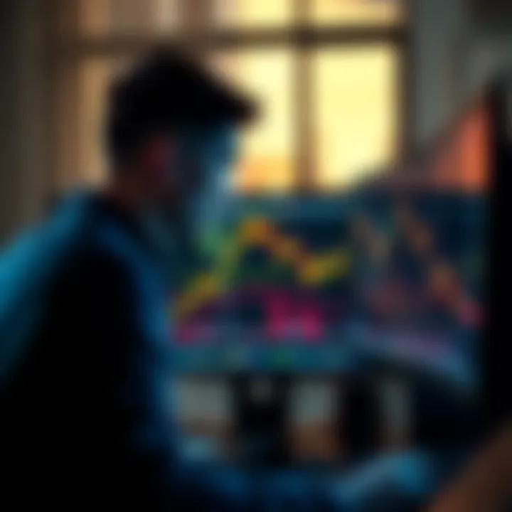 A person looking at a declining Bitcoin chart on a computer screen with a thoughtful expression