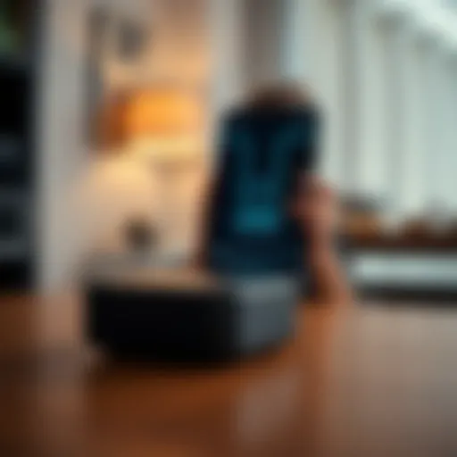 A Deeper Mini Connect device positioned on a wooden table, showing a frustrated user looking at their phone with a loading screen, symbolizing connection issues.