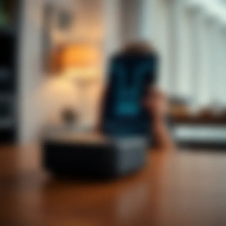 A Deeper Mini Connect device positioned on a wooden table, showing a frustrated user looking at their phone with a loading screen, symbolizing connection issues.