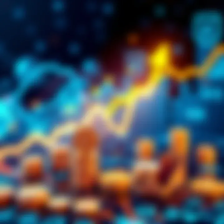 A visual representation of decentralized finance growth with digital currency symbols and graphs showing upward trends.