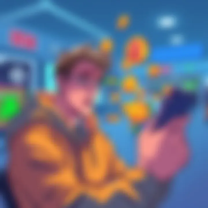 DeFi Spending Challenges Illustration showing a person frustrated with blocked funds while trying to make a purchase with cryptocurrency in a digital wallet, highlighting spending issues in decentralized finance.