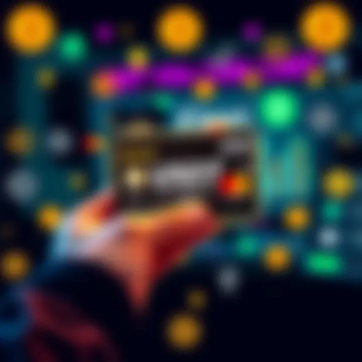 Graphic showing a person holding a debit card with symbols for USDT and USDC, surrounded by digital currency icons and cashback symbols.