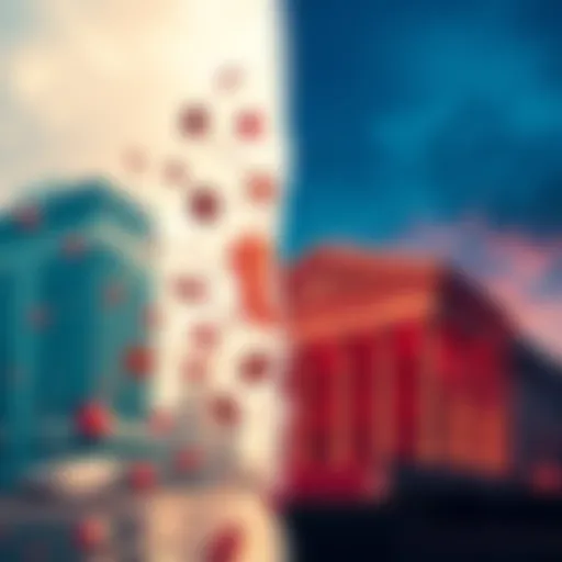 A split image showing a representation of decentralized finance (DeFi) on one side with blockchain symbols and a traditional bank building on the other side representing centralized finance (CeFi).