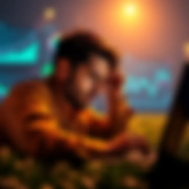 DeFi Yield Farming Challenges A person looking frustrated while managing DeFi yield farming on a laptop, with charts and graphs showing diminishing returns in the background.