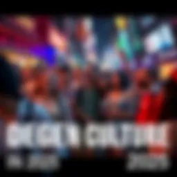 A diverse group of people celebrating their unique identities in a lively urban setting, showcasing elements of degen culture while interacting with mainstream society.