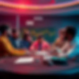 Degen gambling discussion panel A group of people discussing degen gambling trends at a table, with casino chips and financial charts in front of them