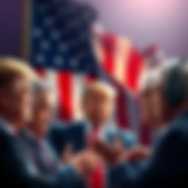 A group of politicians discussing cryptocurrency policies, with an American flag in the background