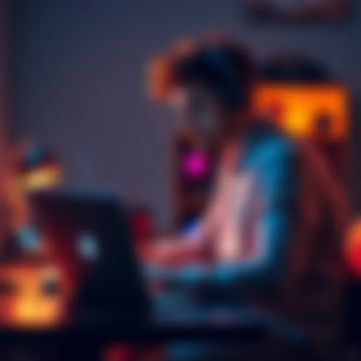 A focused developer sitting at a desk, coding on a laptop, reflecting on a hackathon project alone.
