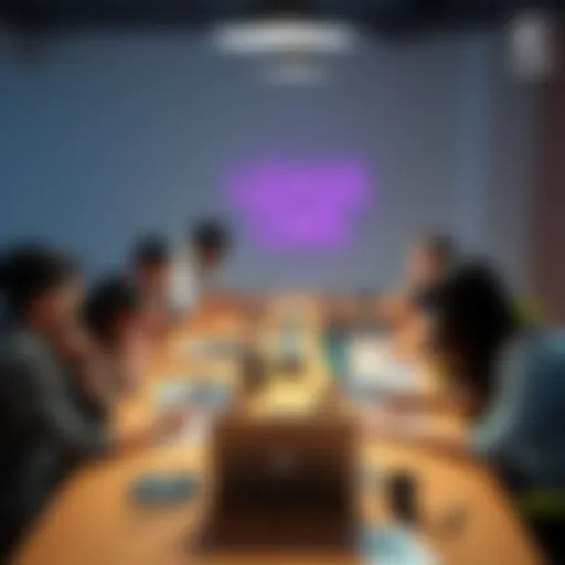 A group of developers brainstorming ideas for features in headless CMS platforms around a table with laptops and notepads