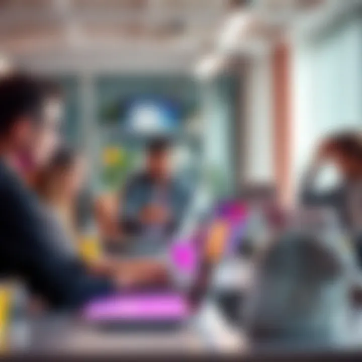 Group of app developers working collaboratively on laptops, discussing vibe coding methods and security concerns in a bright office environment
