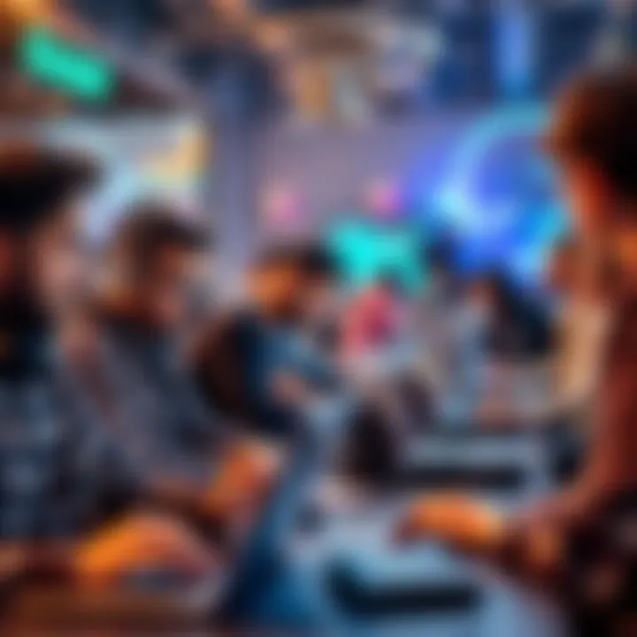 A diverse group of developers working together at a hackathon, brainstorming ideas and coding on laptops.