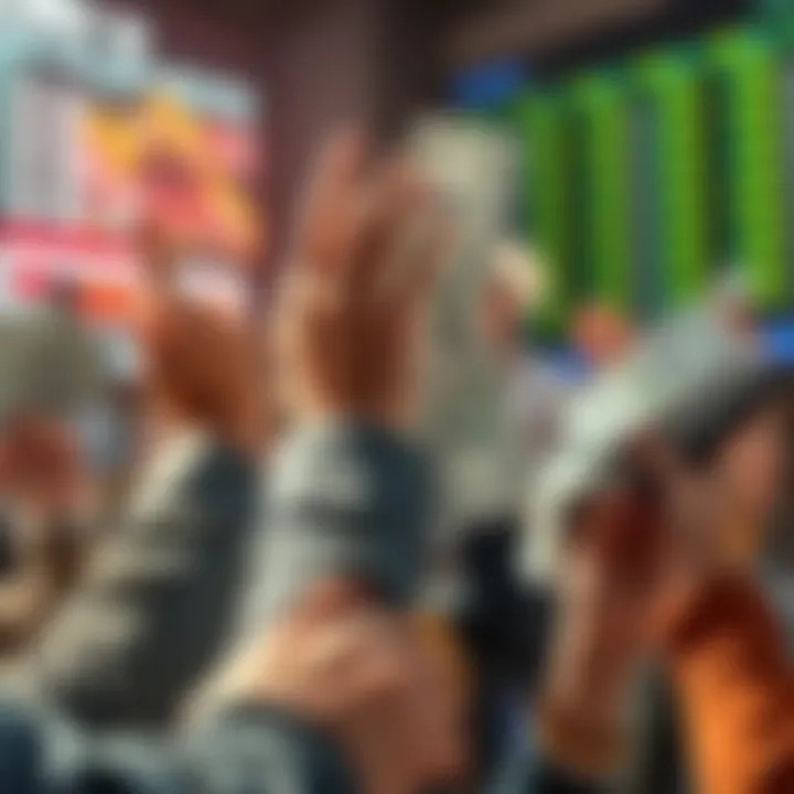 A group of people confidently holding onto their stock certificates, showing determination amidst market changes.