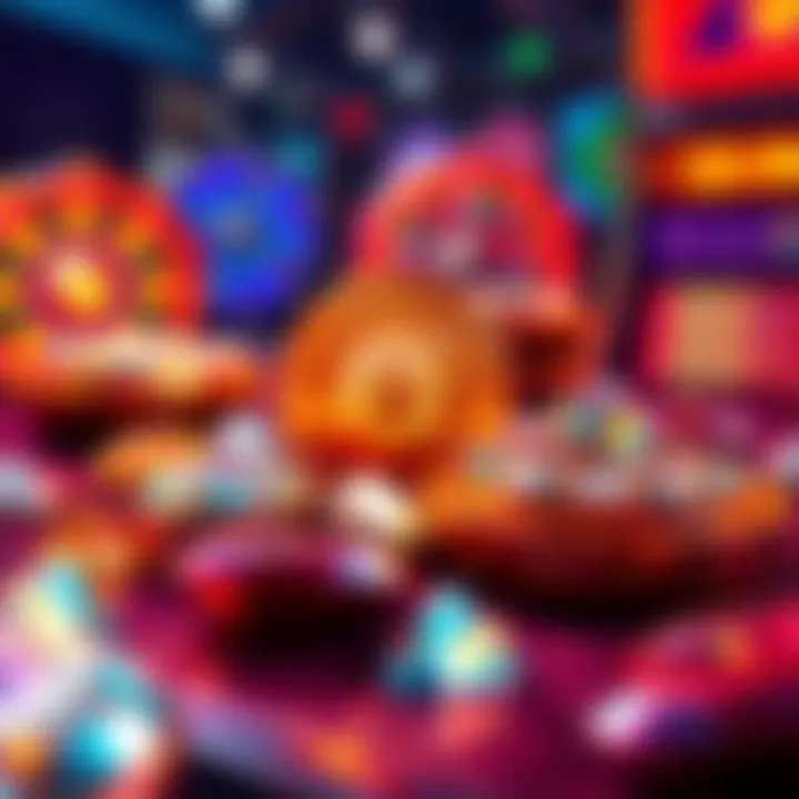 A collection of diamond tokens and wheel spin graphics, representing game assets in a virtual setting.