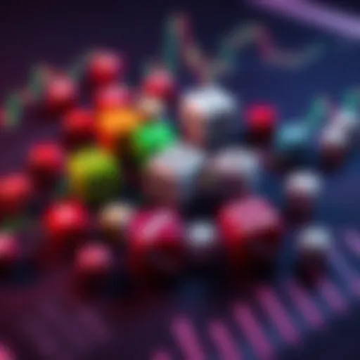 Dice on a Financial Chart Colorful dice scattered on a financial chart representing different strategies and outcomes