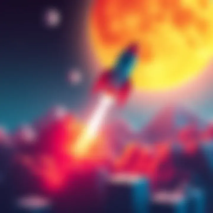 A graphic showing rising trends of digital assets with a rocket symbolizing growth and a moon in the background.