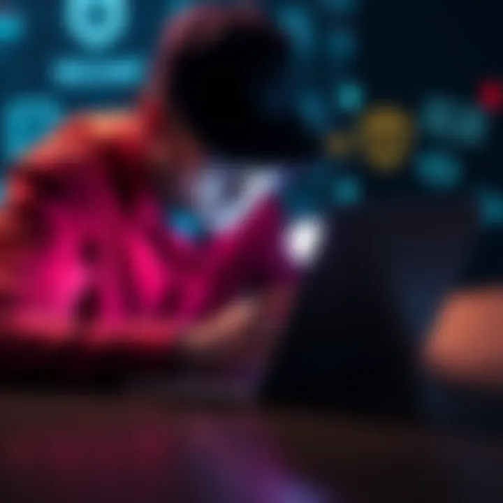 A person analyzing a suspicious email on their laptop, surrounded by digital security icons