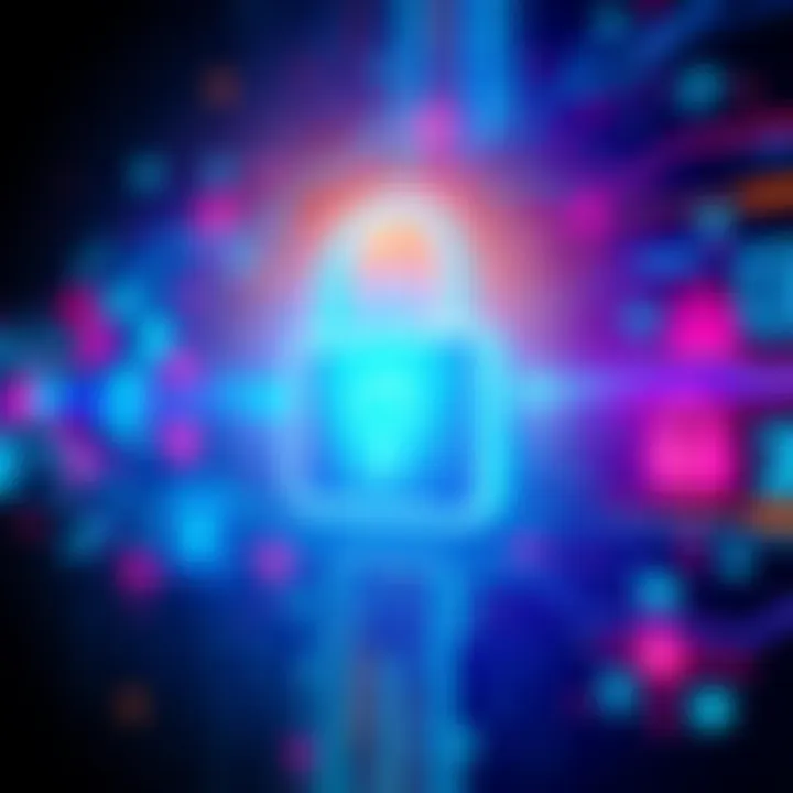 Illustration showing a digital lock protecting various data symbols, representing personal and corporate information security.