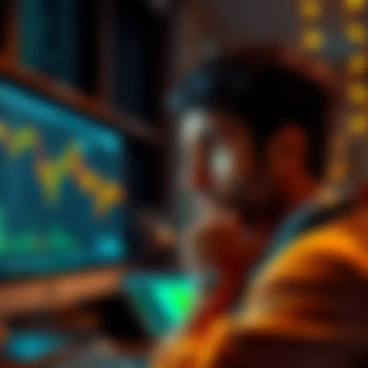 A sad person looking at a computer screen displaying a falling cryptocurrency chart, reflecting their disappointment in CRO prices.