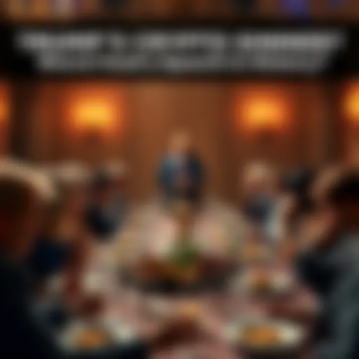 People at a dinner table looking unhappy with food and a speaker on stage giving a confusing speech