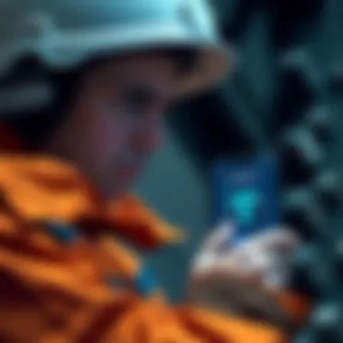 Disappointed miner looking at a smartphone A frustrated miner gazing at a smartphone displaying the Pi Network logo, symbolizing concerns over the platform's progress after seven years.