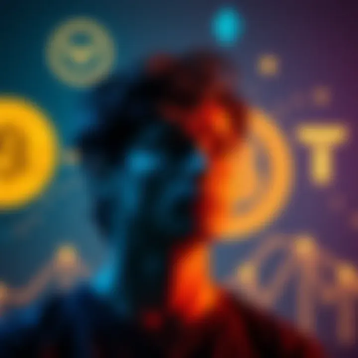 Discreet Cryptocurrency Exchange A person contemplating cryptocurrency conversion, with digital graphics of Bitcoin and Tether in the background, symbolizing privacy in transactions.