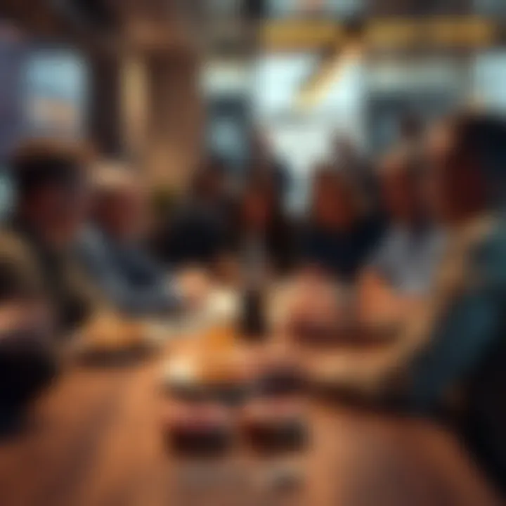 People gathered around a table discussing news and enjoying donuts