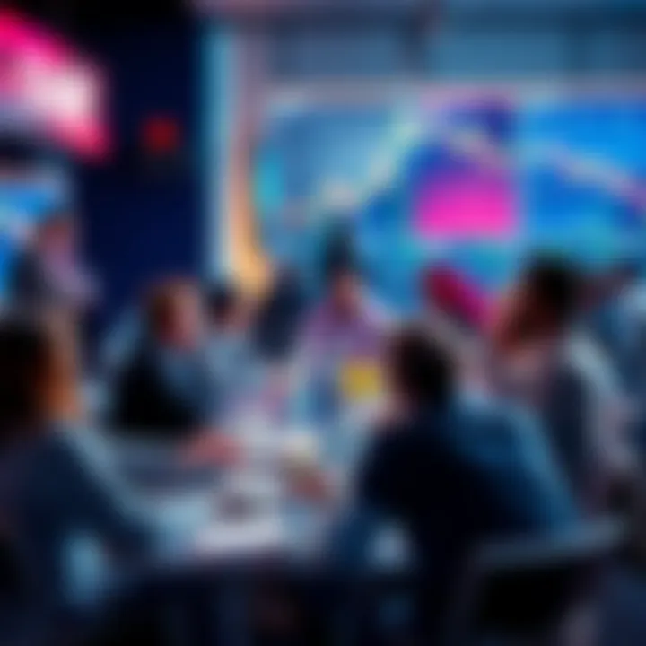 A vibrant discussion forum with people sharing trading strategies and ideas around a table.