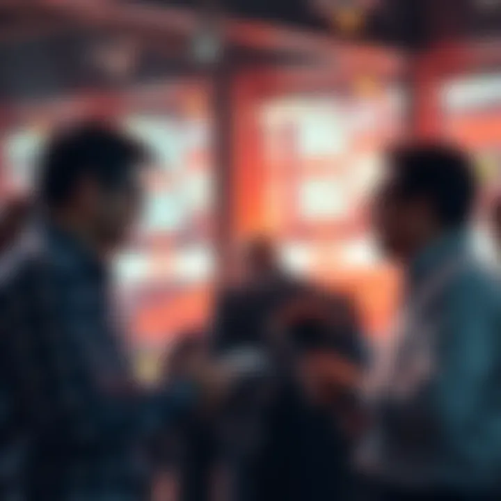 People discussing insights A group of people engaging in conversation about trading and current events