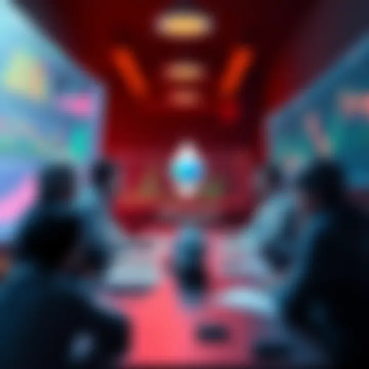 People engaging in a discussion about Ethereum with charts and news articles in the background