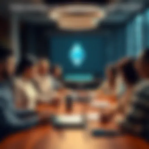 A group of people engaged in a discussion about Ethereum, with laptops and notepads on a table, highlighting community participation.