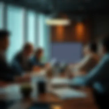 A group of people discussing investment strategies at a table with charts and graphs in front of them.