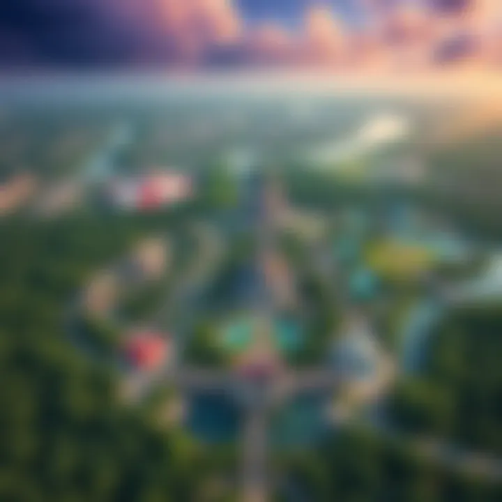 Aerial view of Disney theme park showing extensive land area with attractions and greenery.