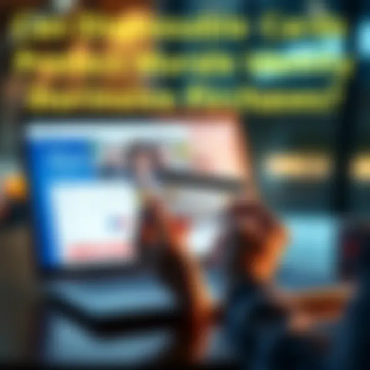 A person holding a disposable payment card while shopping online on a laptop, with a blurred screen showing a checkout page.