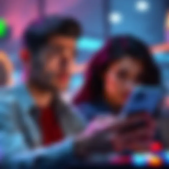 A man playing arcade games on his phone, looking worried while his wife observes him in the background with a concerned expression.