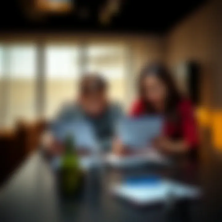 A couple sitting at a table, reviewing documents related to their Coinbase account and crypto assets during a divorce discussion.