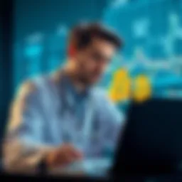 A young doctor looking at Bitcoin charts on a laptop, contemplating his investment, with a stethoscope around his neck.