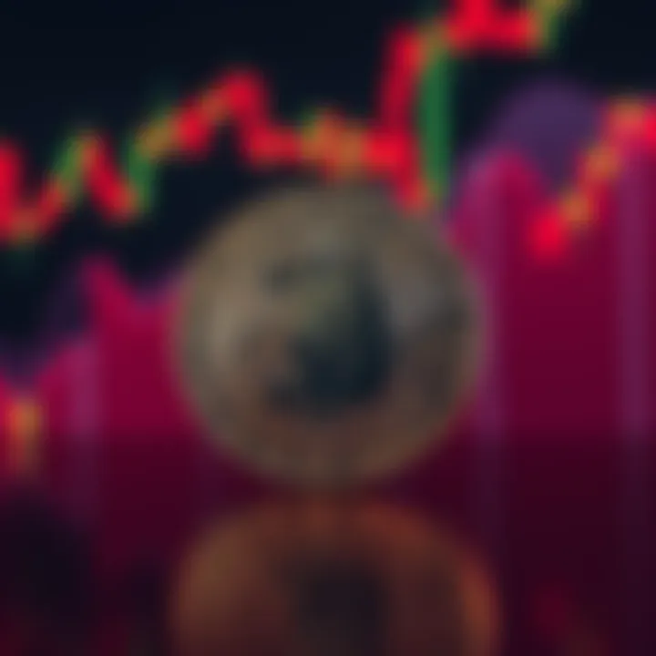 Doge Coin Symbol with Market Graph A Doge coin symbol in front of a fluctuating market graph, showing stability in contrast to other coins. The background features red and green waves indicating market changes.